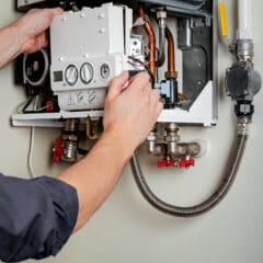 A person adjusts a white control panel on a wall-mounted boiler, surrounded by various pipes and gauges. The person is wearing a dark shirt and is using both hands to handle the equipment.