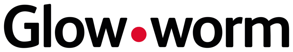 The image shows the "Glow-worm" logo in black text with a red dot between "Glow" and "worm" on a transparent background.