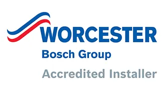 Logo of Worcester Bosch Group with the words "Accredited Installer" written below. The logo features a stylized red and blue wave design.