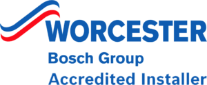 Logo of Worcester Bosch Group with the text "Accredited Installer" underneath. The logo includes a stylized red and blue wave above the word "WORCESTER.