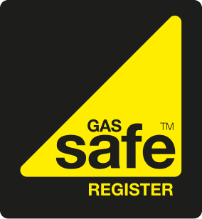 The image shows the Gas Safe Register logo, featuring a yellow triangular shape with the words "Gas Safe Register" in black text on a black background.