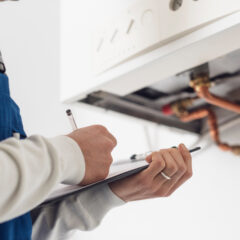 A person in a white shirt and blue overalls holds a clipboard and pen, inspecting and taking notes on a gas boiler or heating system with exposed pipes.